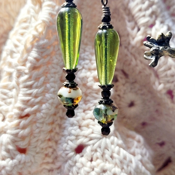 Boho Moss Green handcrafted drop Earrings - Picture 10 of 11